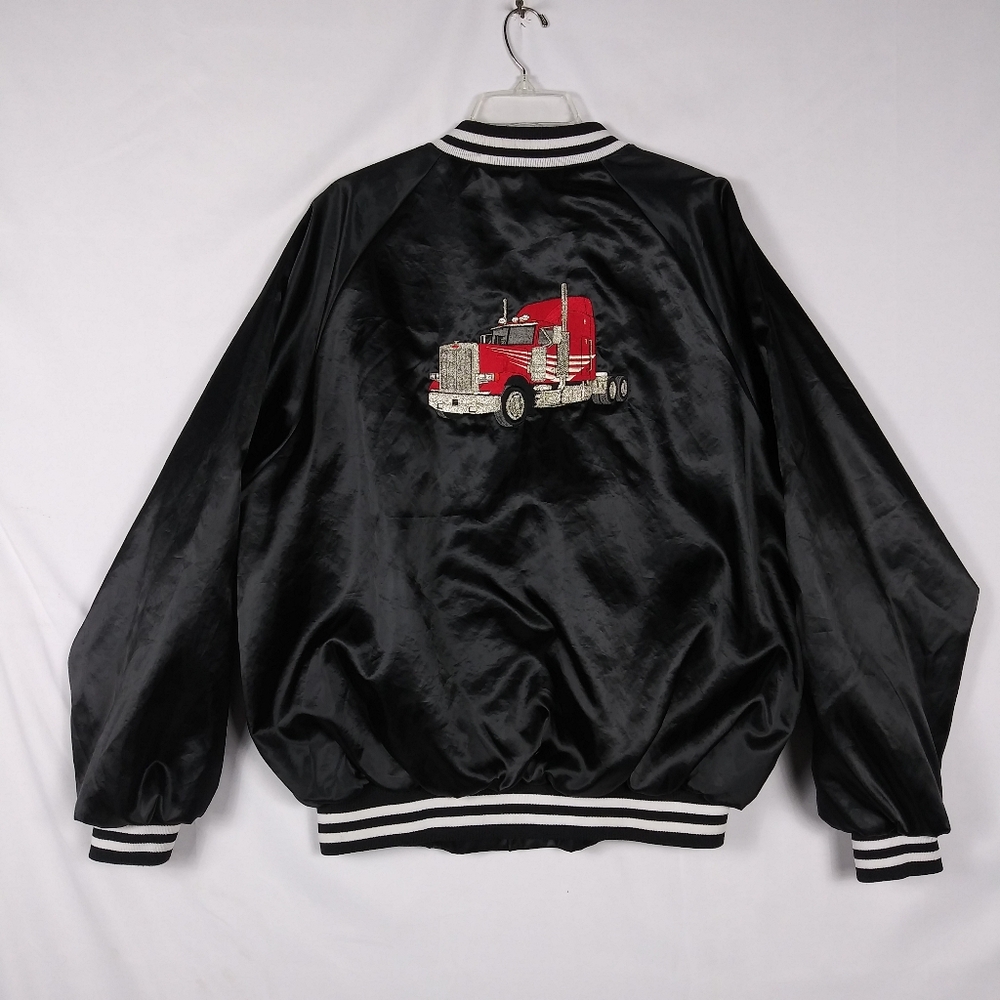 Vtg 80s Mens XXL Cardinal Peterbilt Trucks Lined Satin Bomber Jacket Black USA